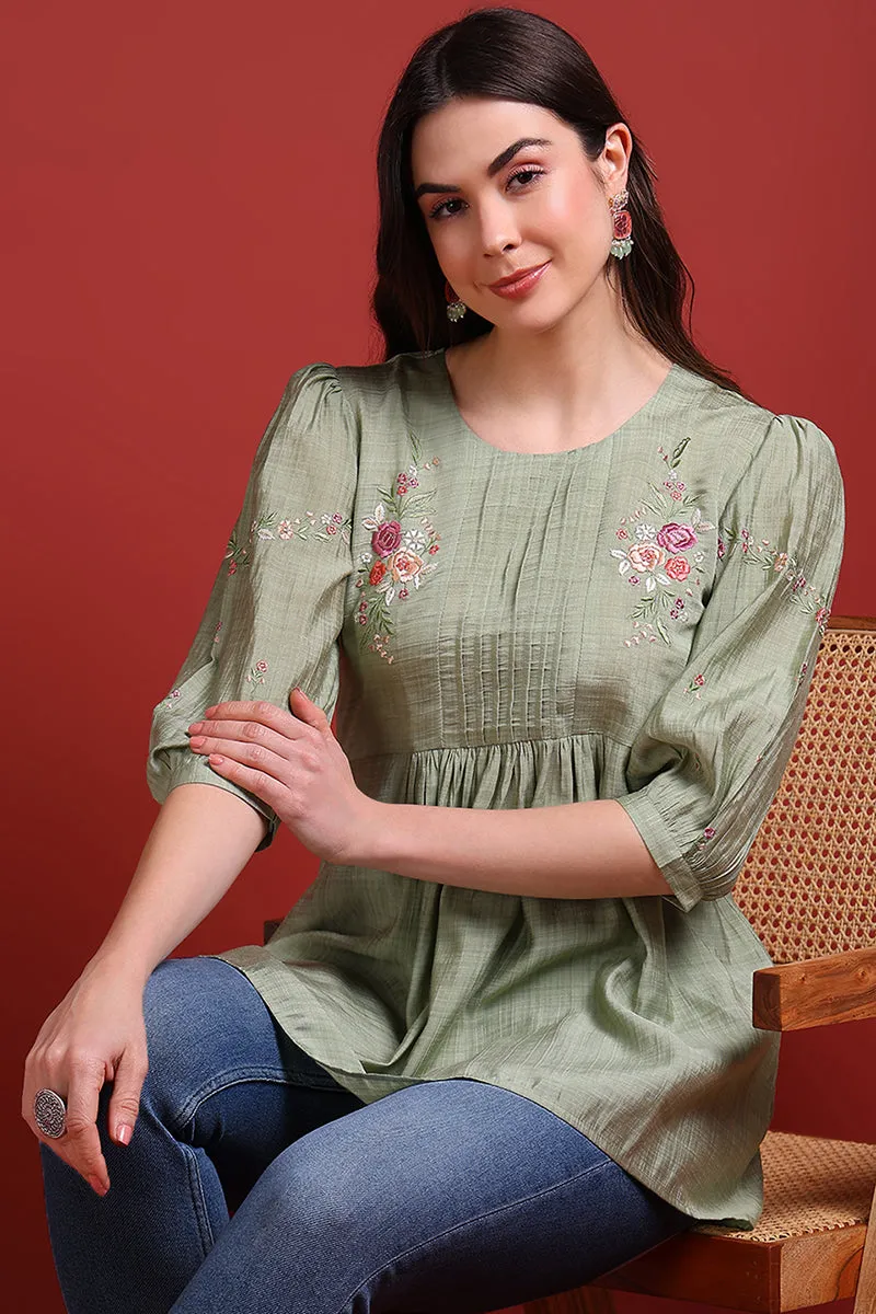Olive Green Silk Blend Embroidered Regular Top