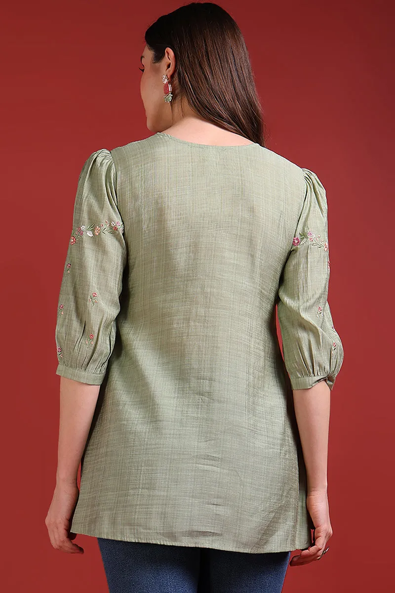 Olive Green Silk Blend Embroidered Regular Top