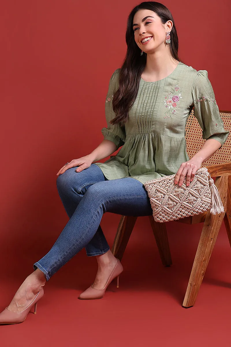 Olive Green Silk Blend Embroidered Regular Top