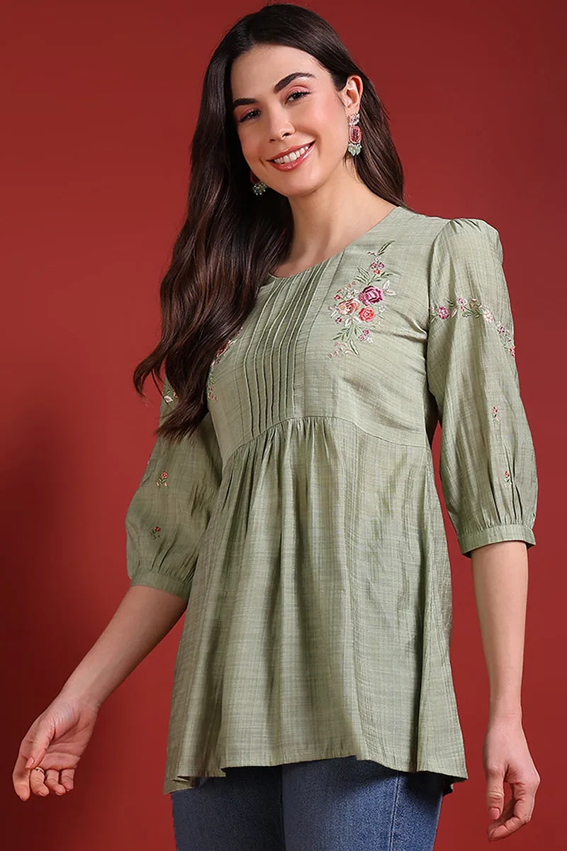 Olive Green Silk Blend Embroidered Regular Top