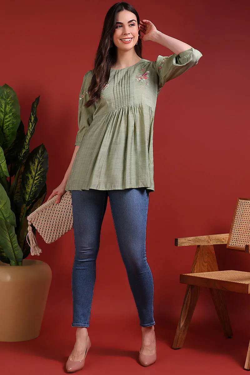 Olive Green Silk Blend Embroidered Regular Top