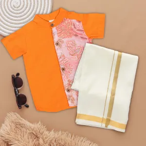 Premium Boys' Ethnic Silk Shirt and Dhoti Set in Vibrant Orange