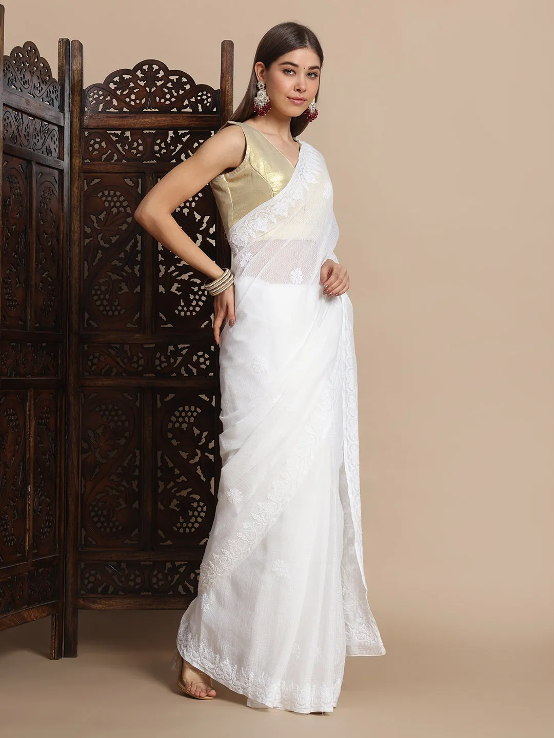 Premium Chikan Hand Embroidered Kota Doriya Saree with Blouse