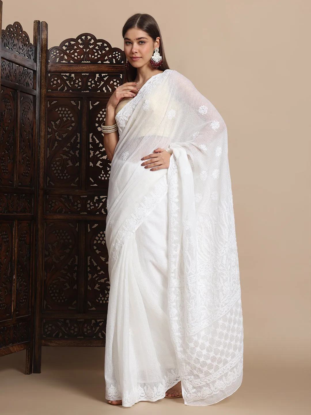 Premium Chikan Hand Embroidered Kota Doriya Saree with Blouse
