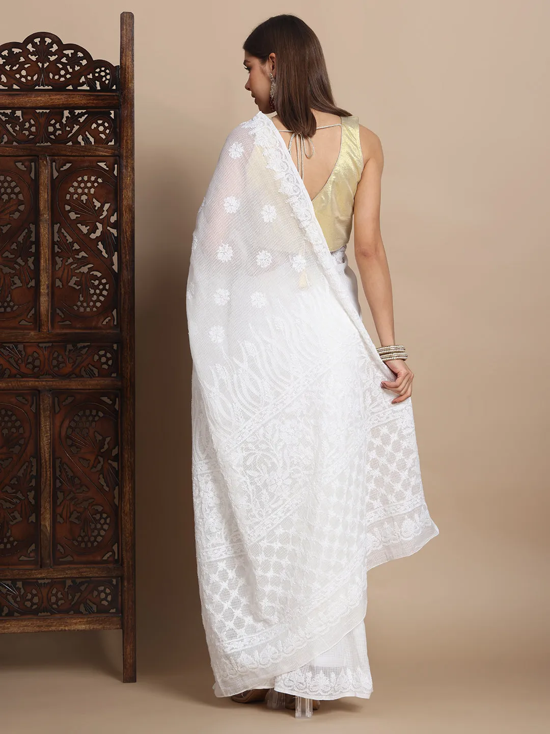 Premium Chikan Hand Embroidered Kota Doriya Saree with Blouse