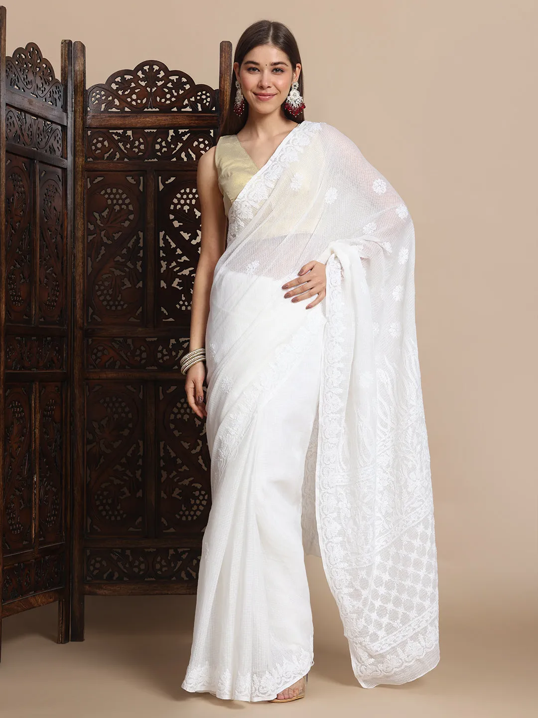Premium Chikan Hand Embroidered Kota Doriya Saree with Blouse