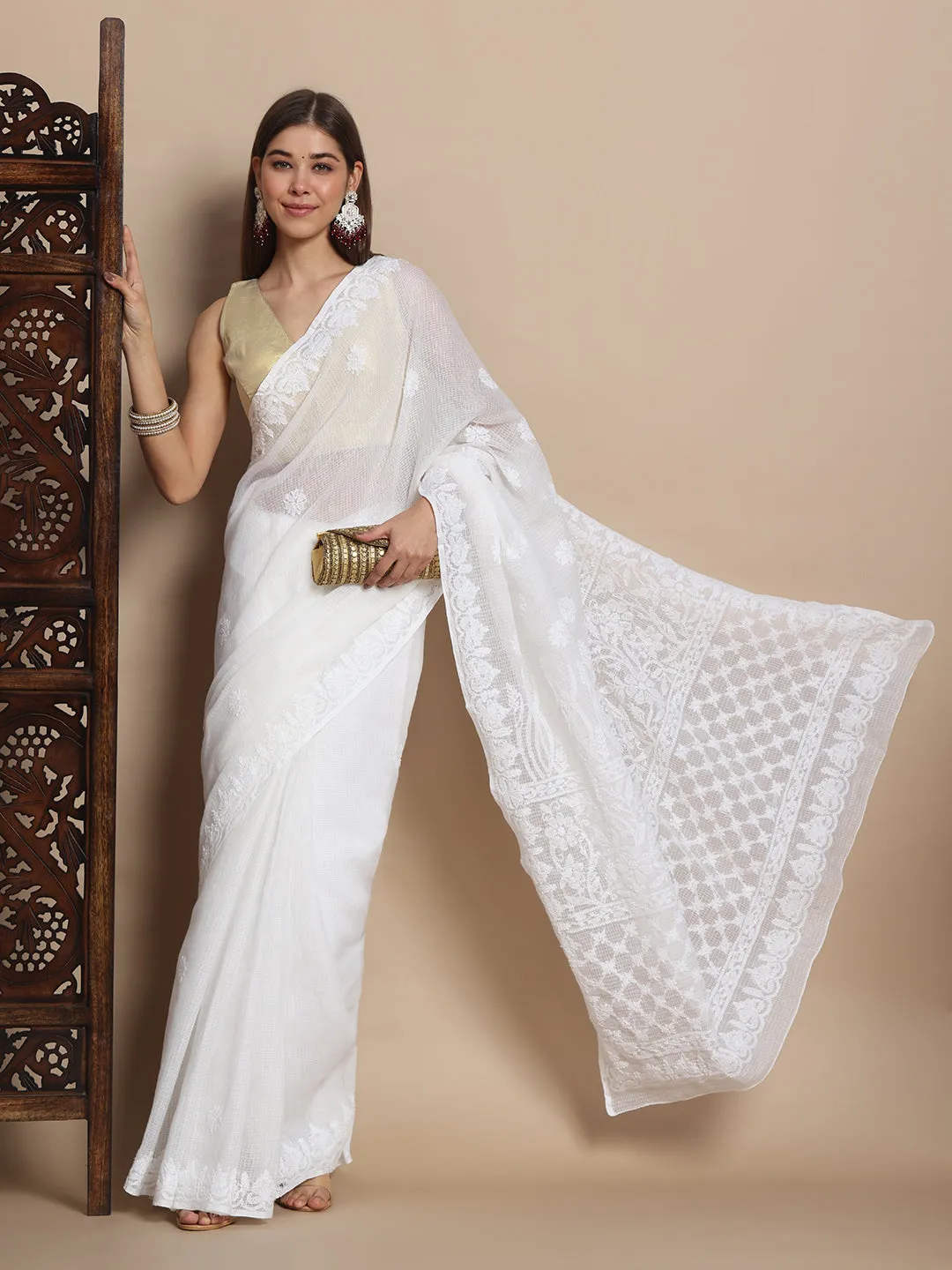 Premium Chikan Hand Embroidered Kota Doriya Saree with Blouse