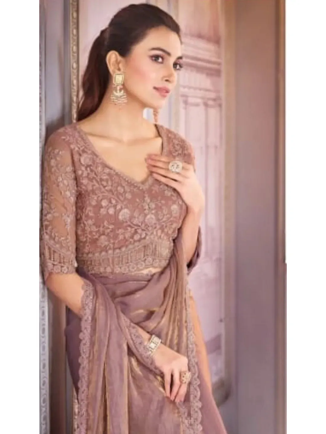Refined Rosy Brown Satin Organza Embroidered Saree