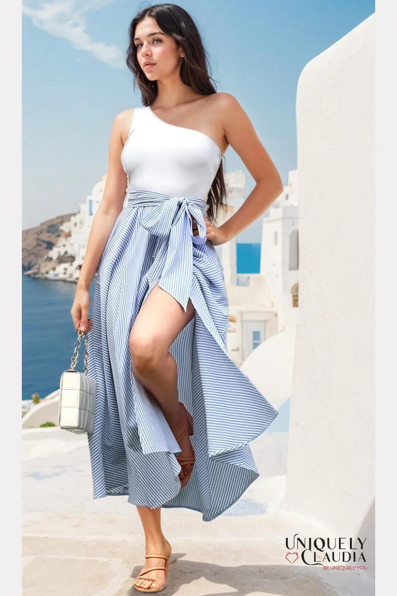 Sabrina Striped One-Shoulder Midi Dress