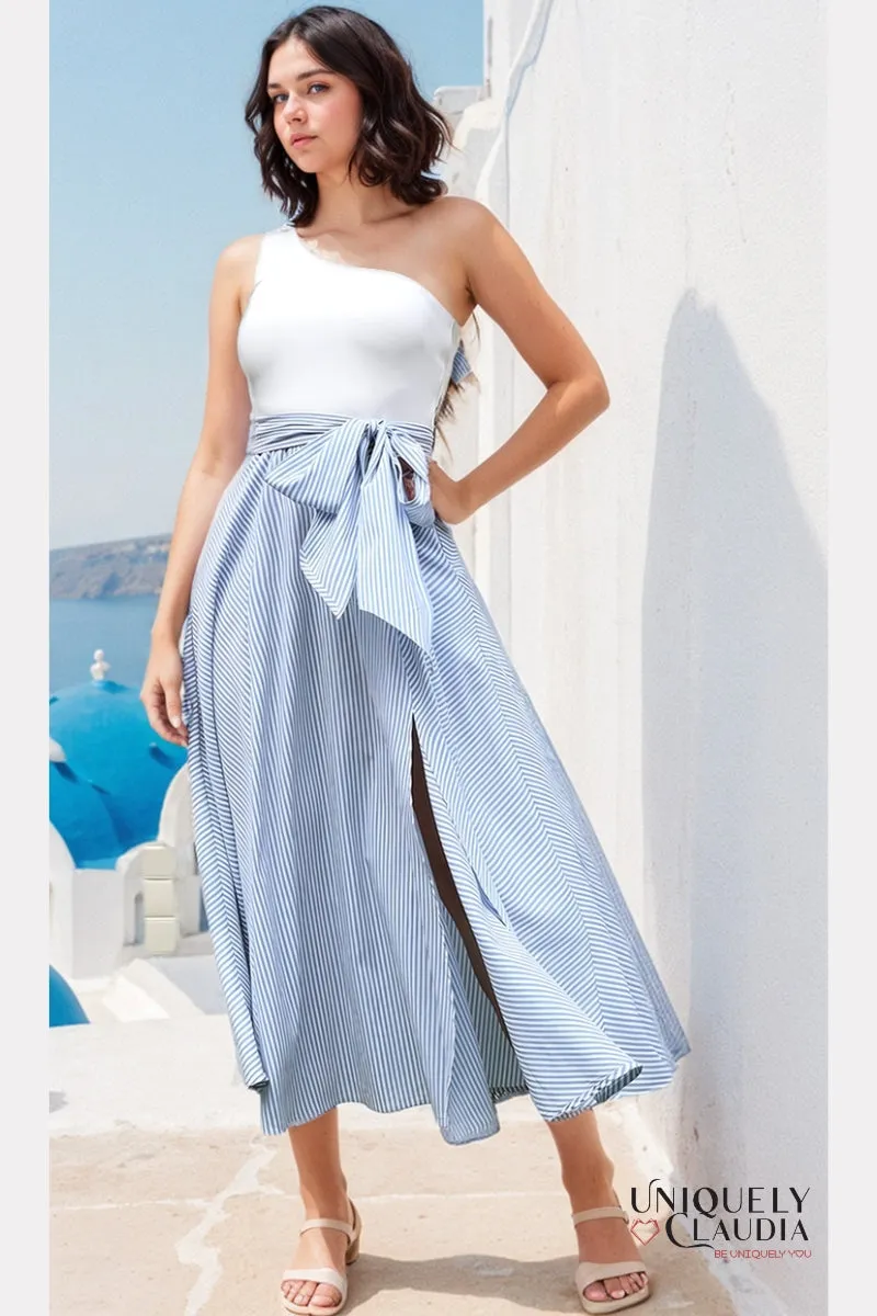 Sabrina Striped One-Shoulder Midi Dress