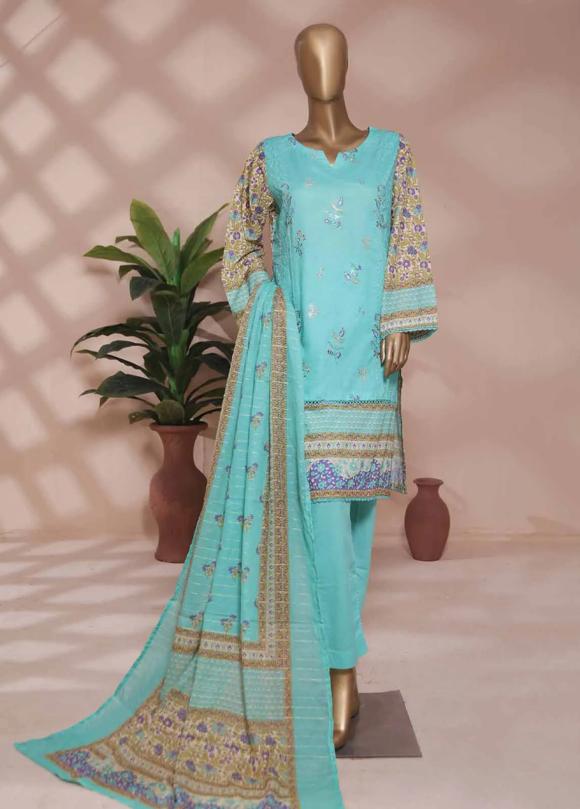 SMLE-0180- 3 Piece Embroidered Stitched Suit