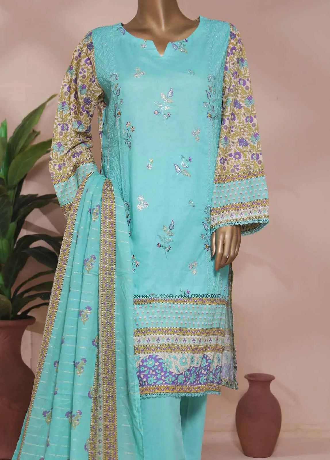 SMLE-0180- 3 Piece Embroidered Stitched Suit