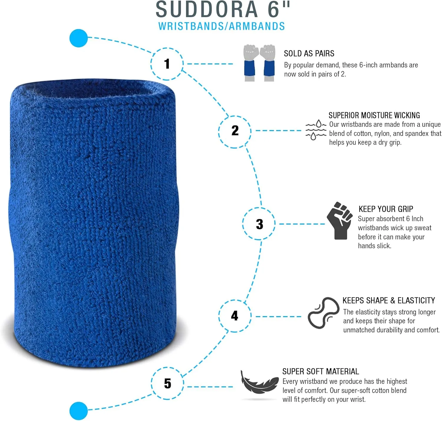 Suddora 6" Doublewide Wrist Bands/Armbands (Pair) - Thick Sweatbands for Basketball, Tennis, Baseball, Gym