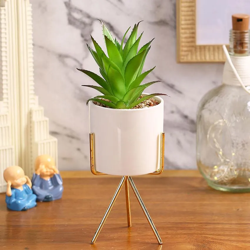 Urban Chic Succulents Artificial Plant with Ceramic Pot & Metal Tripod Stand | 10 inches