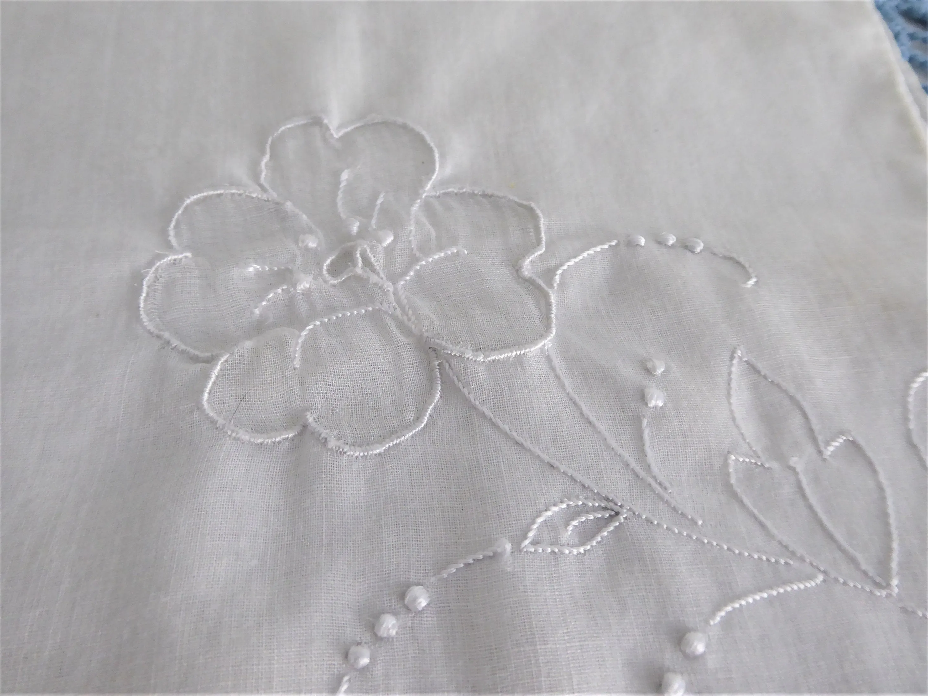 Vintage Handkerchief Hand Embroidered Floral White Hand Made Rolled Hems Hanky