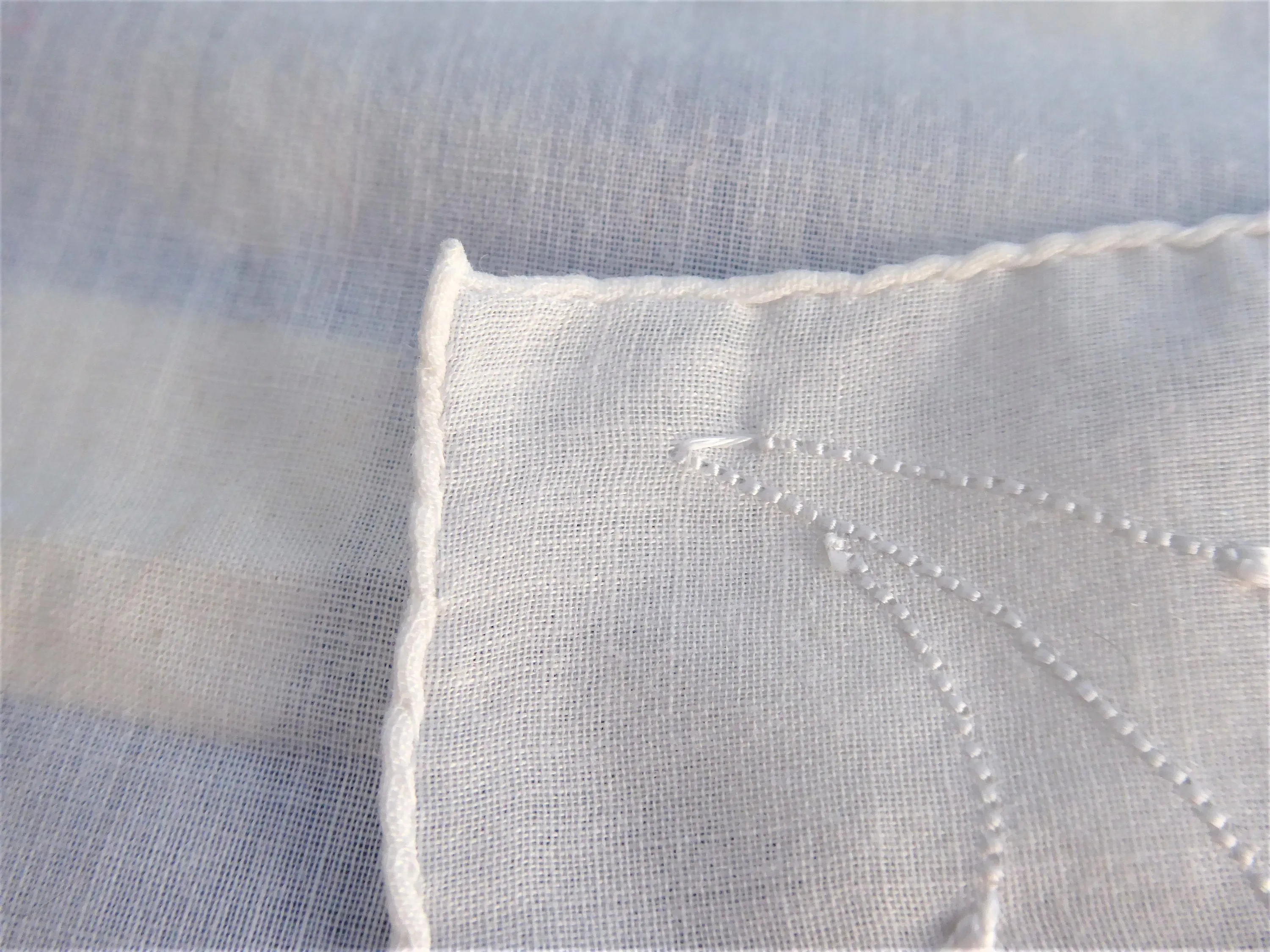 Vintage Handkerchief Hand Embroidered Floral White Hand Made Rolled Hems Hanky