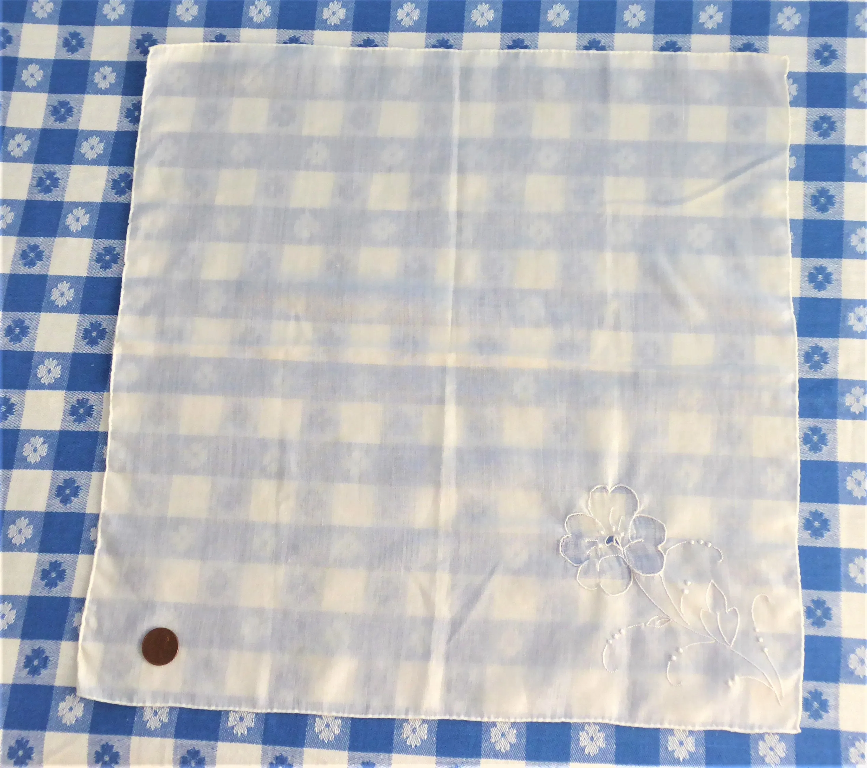 Vintage Handkerchief Hand Embroidered Floral White Hand Made Rolled Hems Hanky
