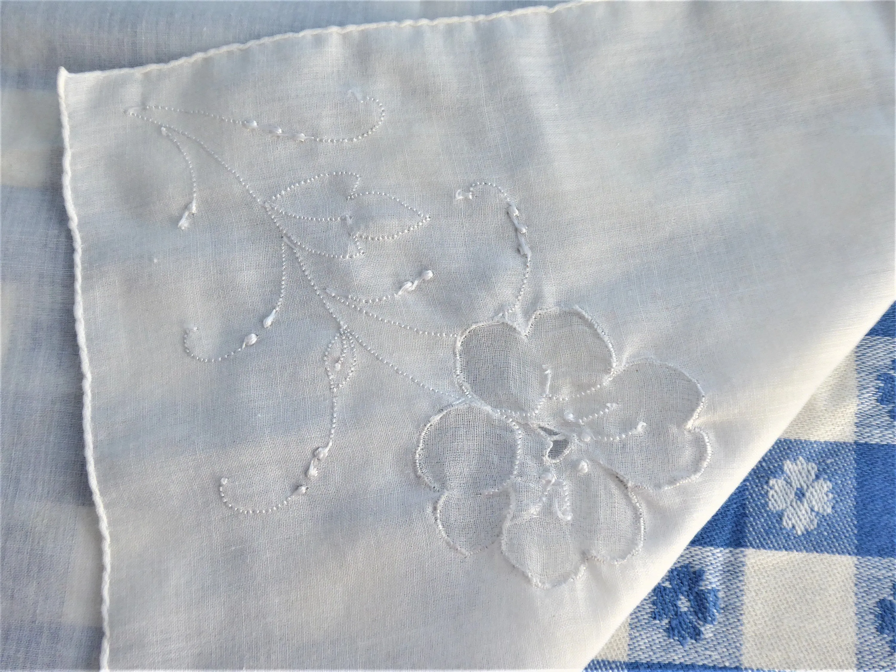 Vintage Handkerchief Hand Embroidered Floral White Hand Made Rolled Hems Hanky