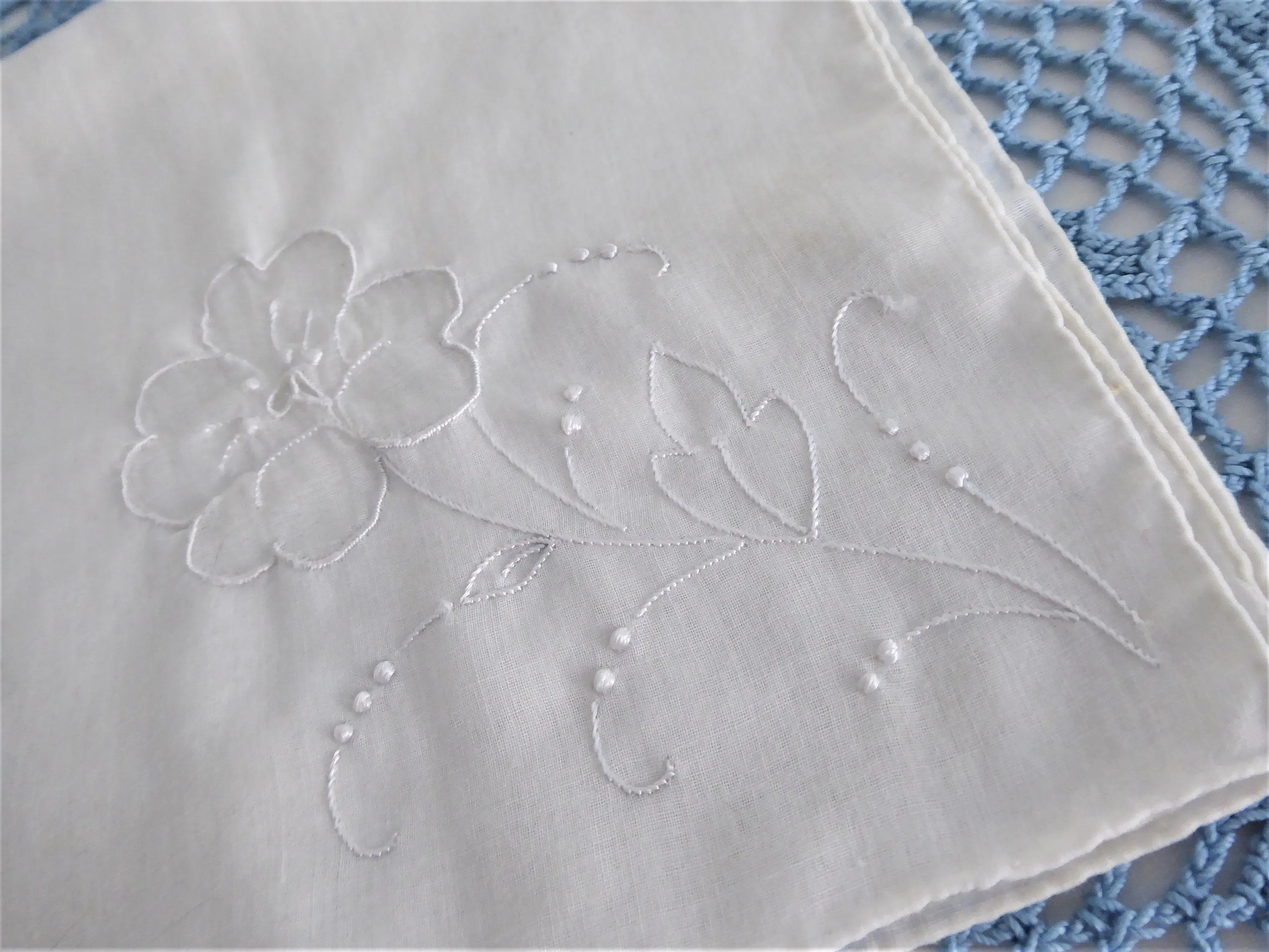 Vintage Handkerchief Hand Embroidered Floral White Hand Made Rolled Hems Hanky