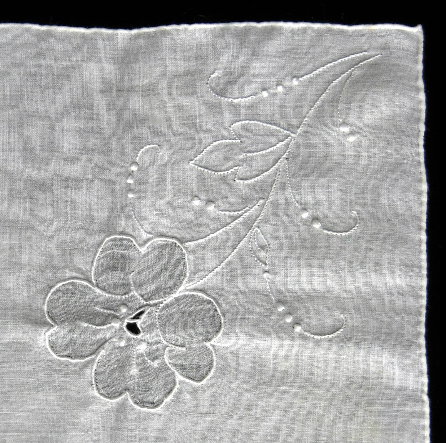 Vintage Handkerchief Hand Embroidered Floral White Hand Made Rolled Hems Hanky