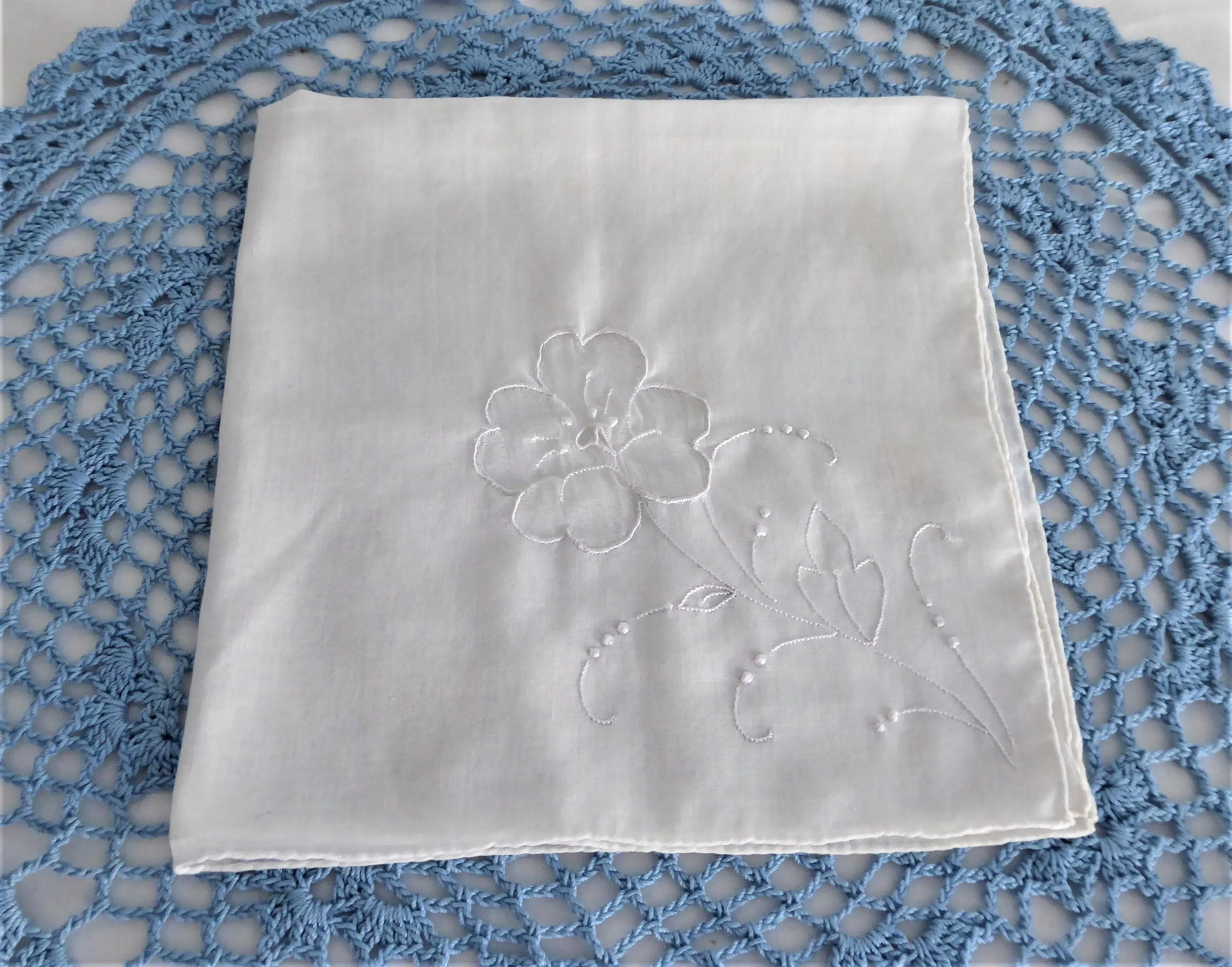 Vintage Handkerchief Hand Embroidered Floral White Hand Made Rolled Hems Hanky