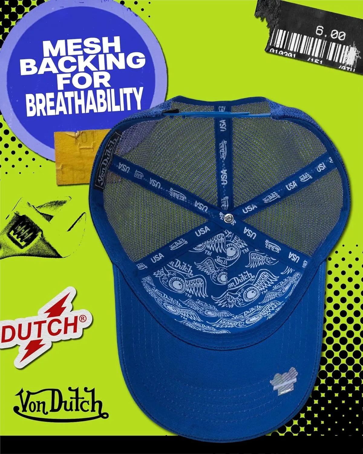 Von Dutch Unisex Trucker Hat - Curved Bill Mesh Back Retro Classic Adjustable Snapback Baseball Cap for Men and Women