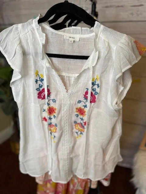 White Embroidered Ruffle Sleeve Blouse