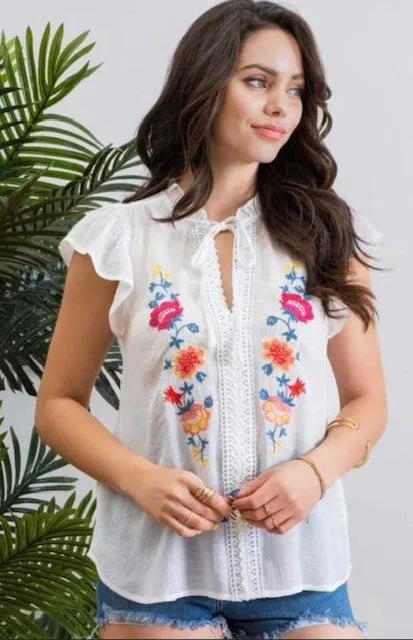 White Embroidered Ruffle Sleeve Blouse